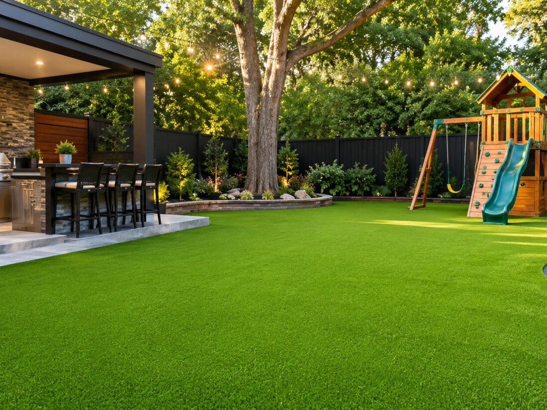 Stunning synthetic turf backyard with outdoor kitchen, children's playground, and evening string lights