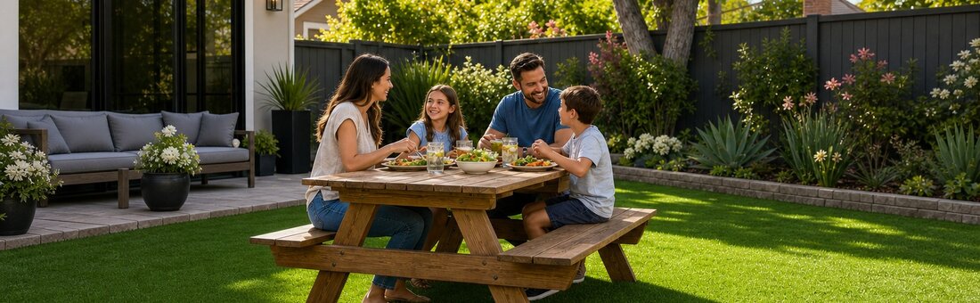 Happy family enjoying a backyard picnic together on lush synthetic turf