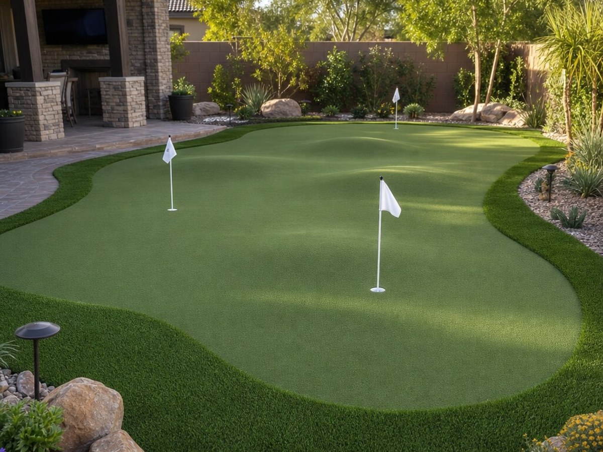 Luxury backyard synthetic putting green with multiple flags, stone borders, and outdoor entertainment area