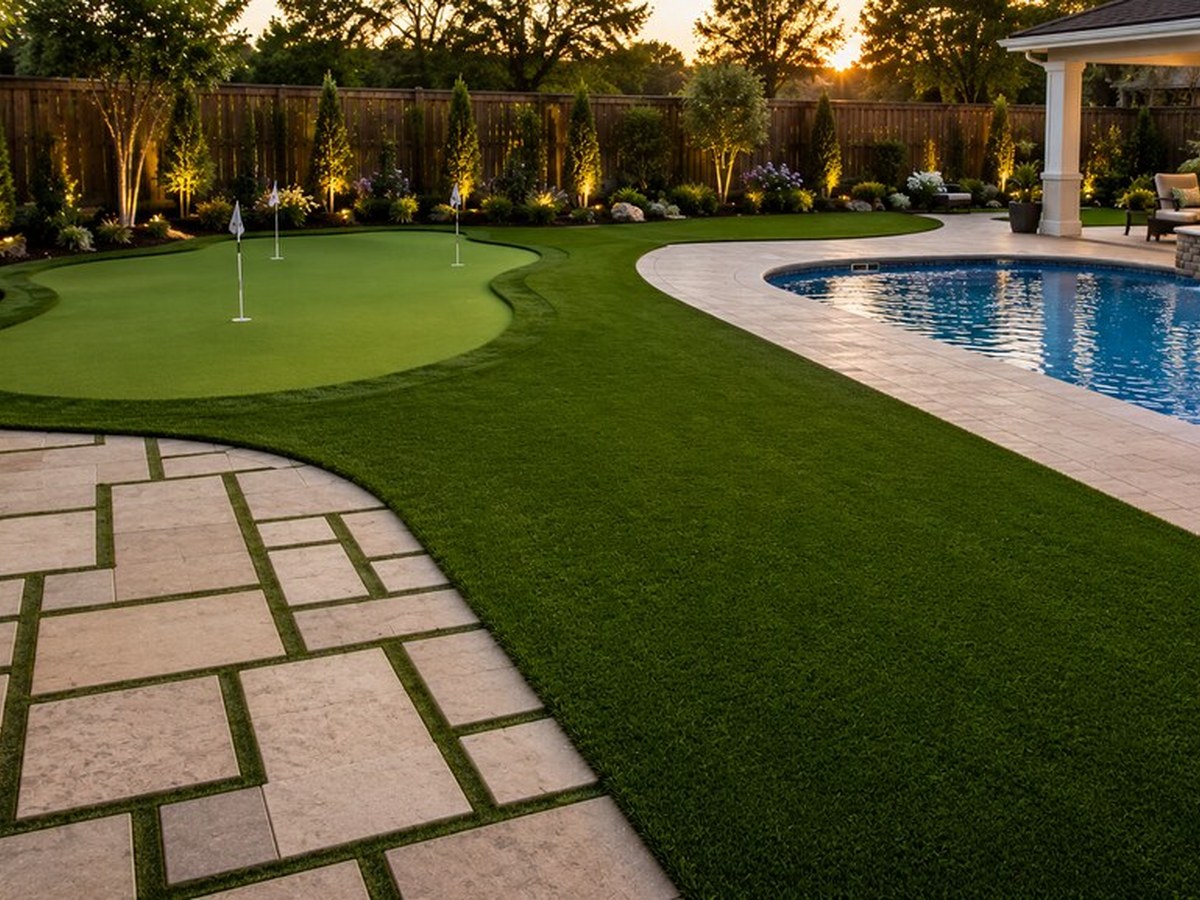 Elegant poolside putting green at sunset with ambient outdoor lighting and lush fringe turf
