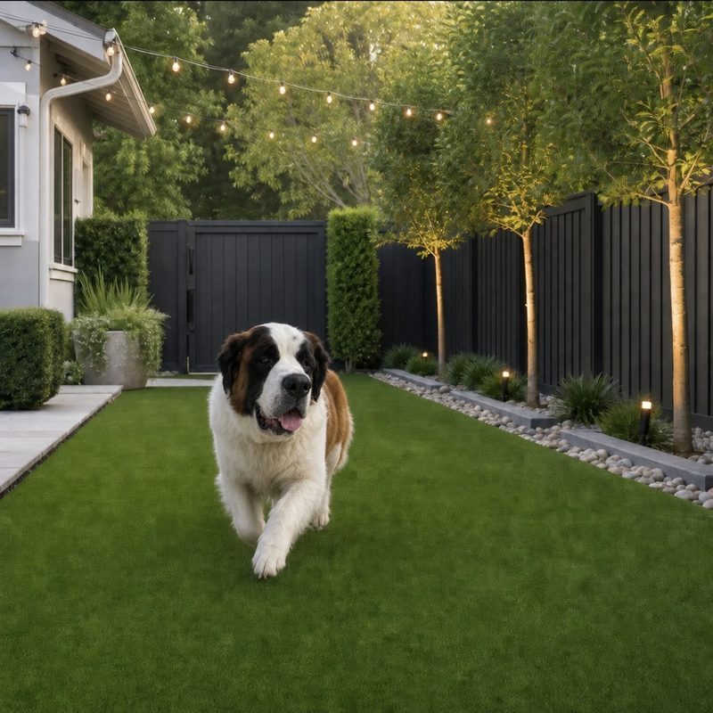 Maggie the dog relaxing on pet-friendly synthetic turf