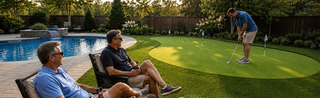 Friends enjoying a backyard putting green