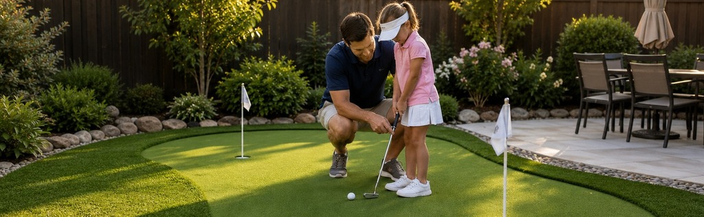 Father and son on a backyard putting green